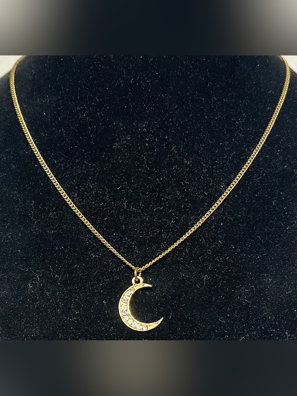 Vintage Gold Crescent Moon Necklace with Clear Stones